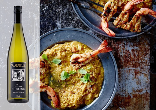 Grilled King Prawns With Saffron Risotto with wine
